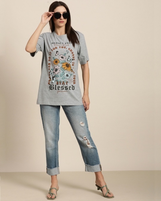 Shop Women's Grey Stay Blessed Typography Oversized T-shirt-Full