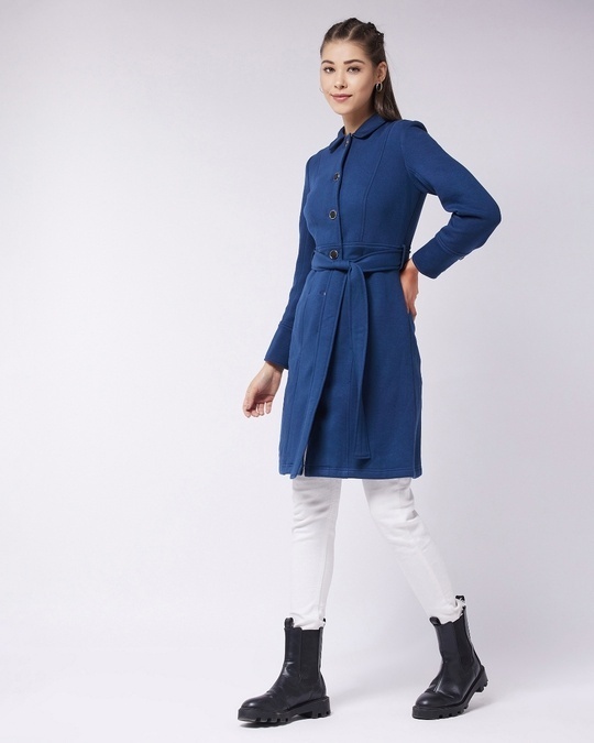 Buy Women's Navy Blue Belted Long Jacket for Women Blue Online at Bewakoof