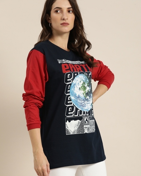 Shop Women's Navy Blue Graphic Oversized T-Shirt-Front