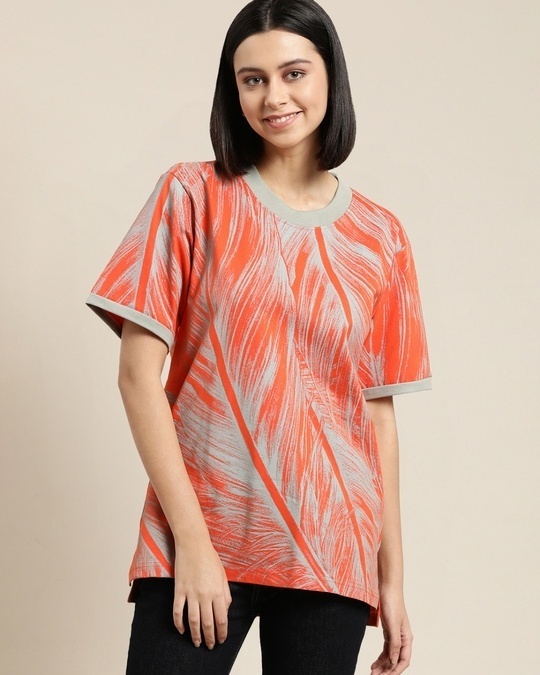Shop Women's Orange All Over Printed Oversized Cotton T-shirt-Front