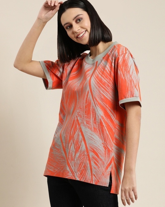 Shop Women's Orange All Over Printed Oversized Cotton T-shirt-Back