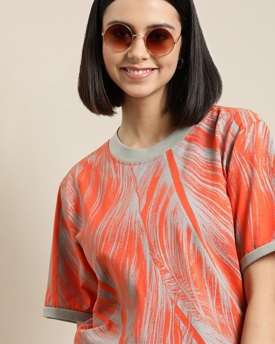 Shop Women's Orange All Over Printed Oversized Cotton T-shirt-Full
