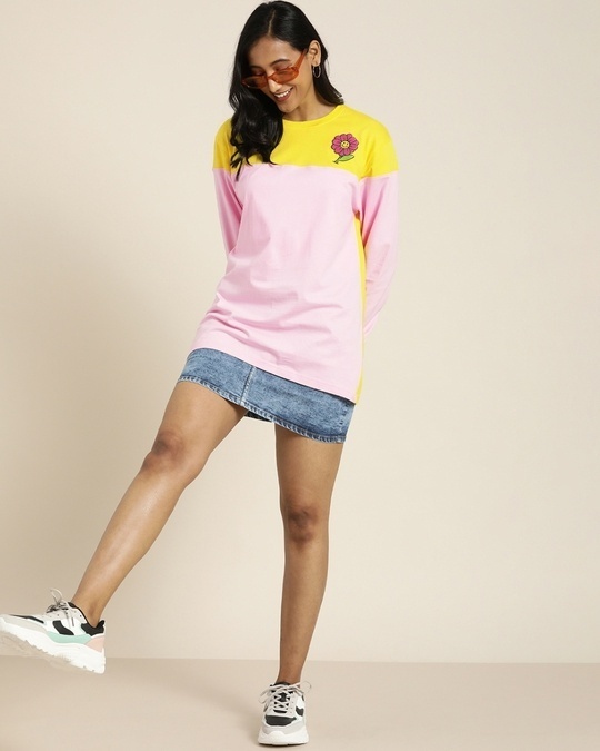 Shop Women's Pink and Yellow Flower Color Block Oversized Cotton T-shirt-Full