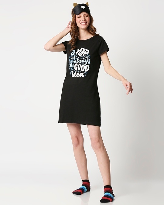 Shop Women's Printed Black T-Shirt Night Dress