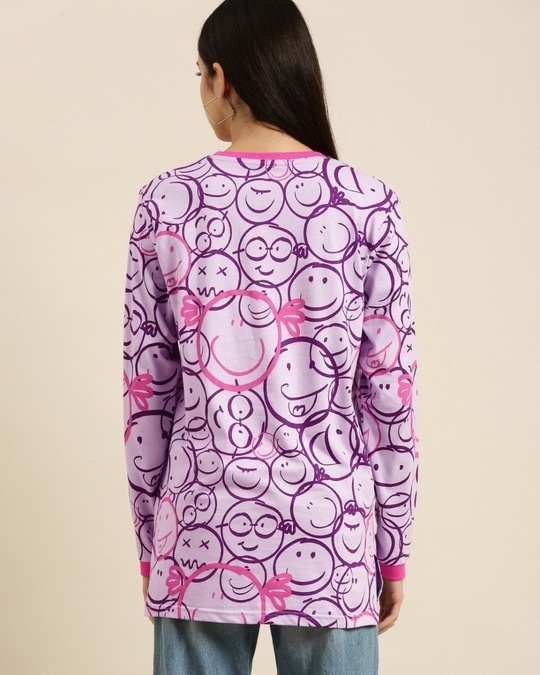 Shop Women's Purple Smiley Faces Printed Oversized T-shirt-Back