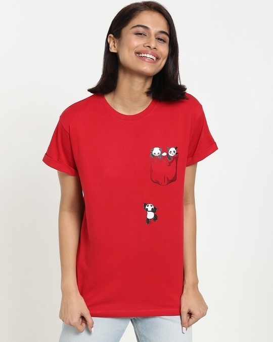 Shop Women's Red Climbing Pocket Panda Boyfriend T-shirt-Front