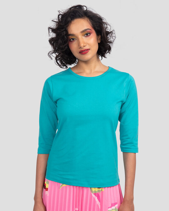 Shop Women's Round Neck 3/4th Sleeve T-Shirt Pack of 3(Purplle,Green & Blue)-Full