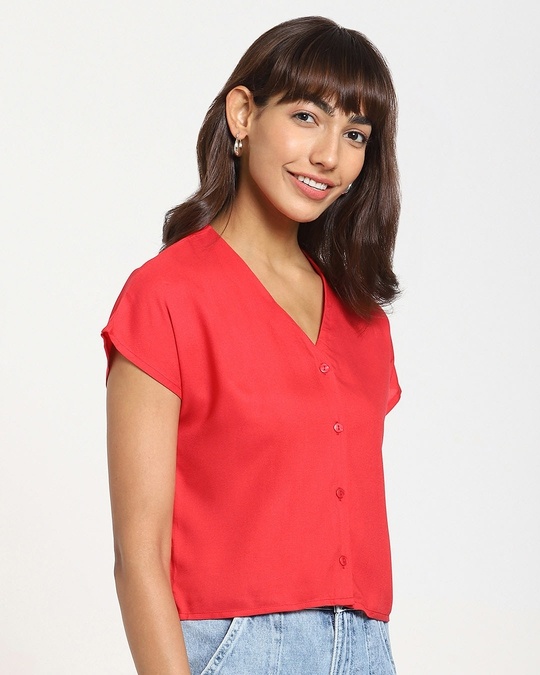 Shop Women's Solid V-Neck Half Sleeve Red Casual Shirt-Back