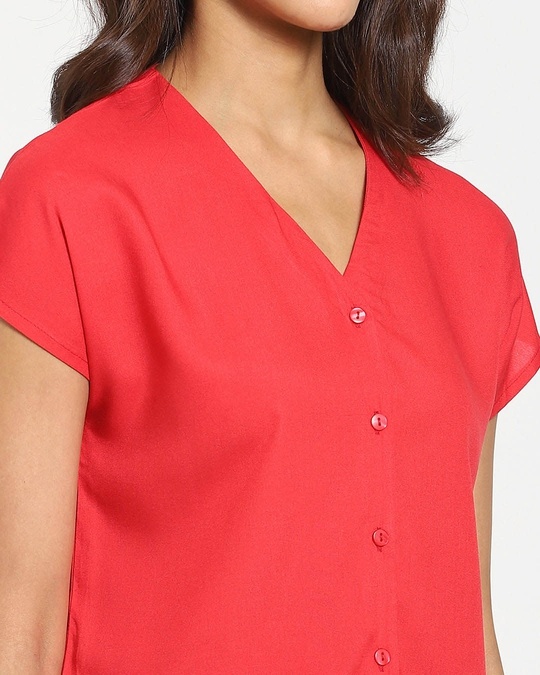 Shop Women's Solid V-Neck Half Sleeve Red Casual Shirt