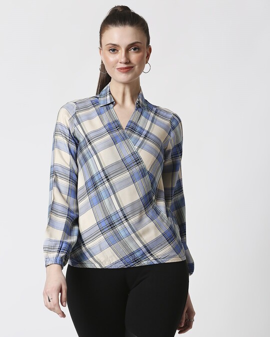 Shop Women's Checks Overlap Shirt Top-Back