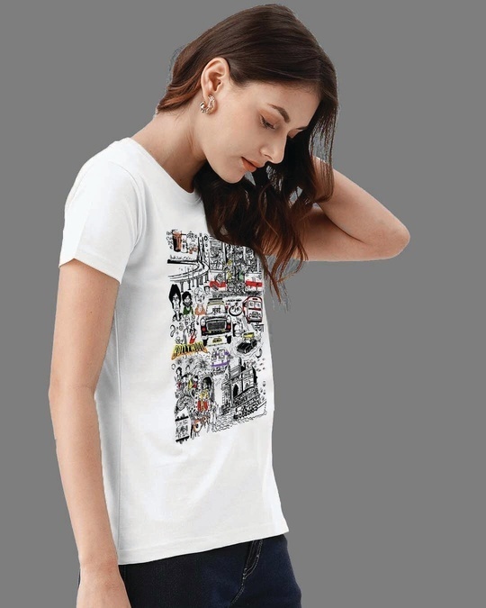 Buy Women's White Aamchi Mumbai Travel Doodle Premium Cotton T-shirt ...
