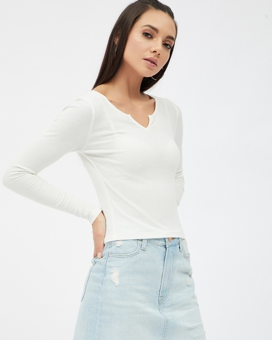 Buy Women's White Ribbed Full Sleeve Top Online at Bewakoof