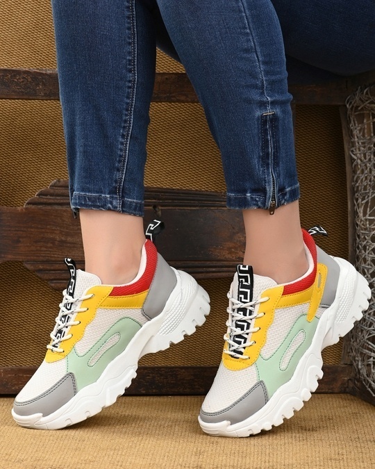 Women's White & Yellow Color Block Sneakers