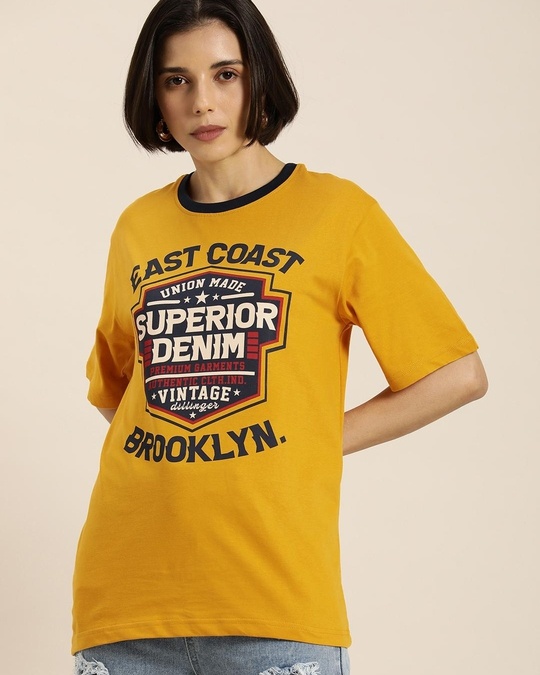 Buy Women's Yellow Superior Denim Typography Oversized Tshirt Online at Bewakoof