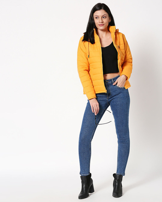 Shop Yellow Plain Puffer Jacket with Detachable Hood
