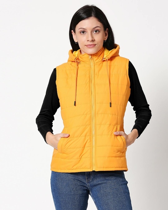 Shop Yellow Plain Sleeveless Puffer Jacket with Detachable Hood-Back