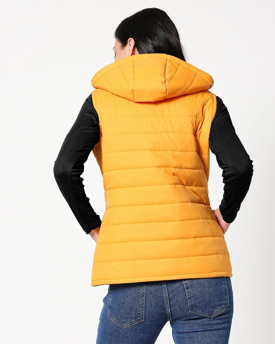 Buy Yellow Plain Sleeveless Puffer Jacket with Detachable Hood Women's ...