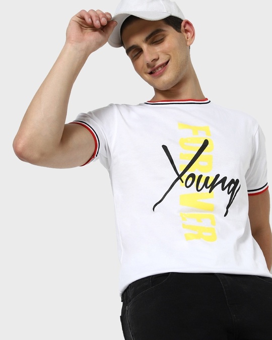 Shop Young Forever Side Crewneck Varsity Rib T-Shirt- Multicolor