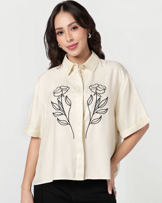 Women's Beige Embroidered Oversized Shirt