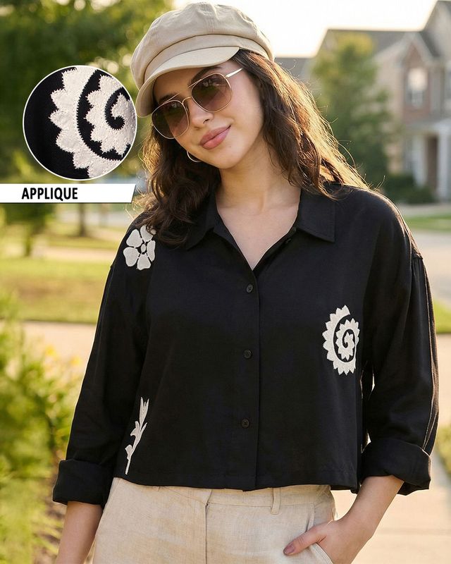Women's Jet Black Applique Oversized Crop Shirt