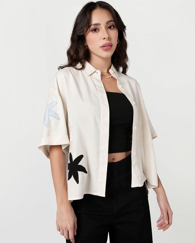 Women's Off White Embroidered Oversized Shirt