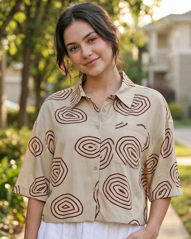 Women's Beige All Over Printed Oversized Crop Shirt
