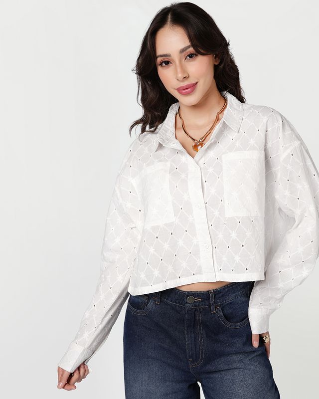 Women's White Embroidered Oversized Crop Shirt