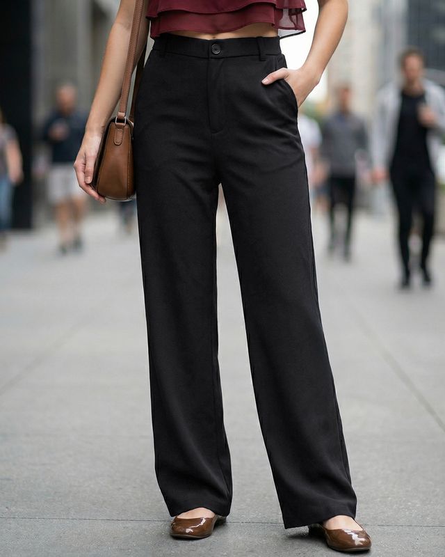 Women's Jet Black Straight Fit Korean Pants