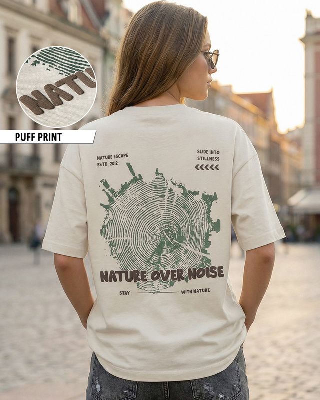 Women's Beige Nature Over Noise Graphic Printed Oversized T-shirt