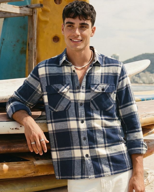 Men's Navy Blue Flannel Checked Cargo Shirt