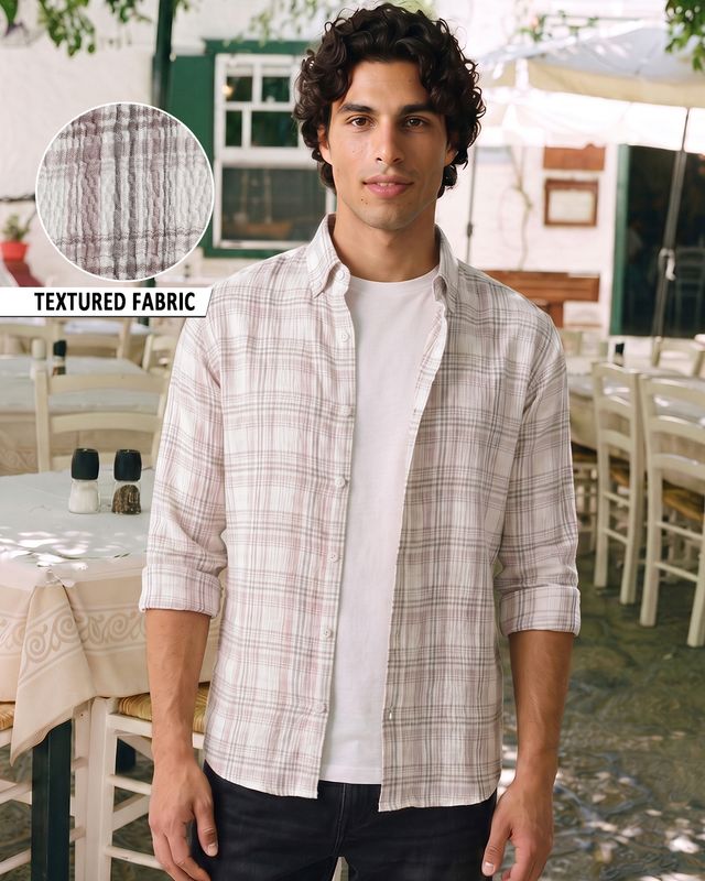 Men's White & Light Purple Checked Textured Shirt