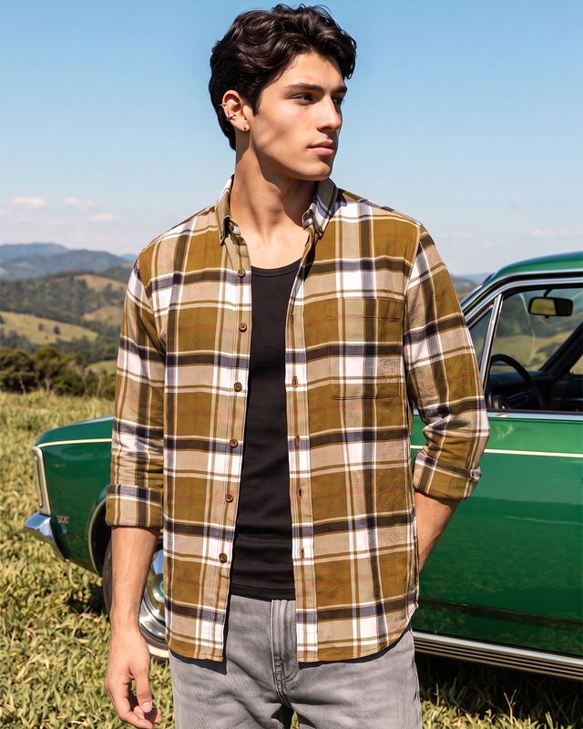 Men's Mustard Yellow & White Checked Shirt