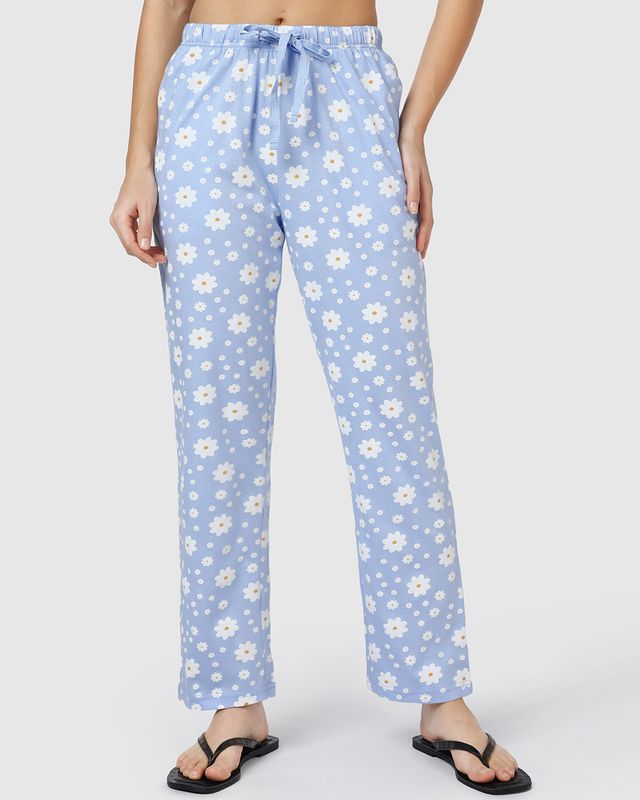 Women's Sky Blue All Over Floral Printed Knit Pyjamas