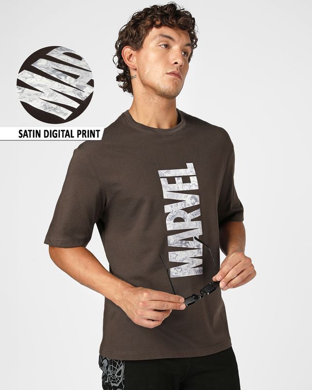 Men's Chocolate Brown Avengers Assemble Graphic Printed Oversized T-shirt