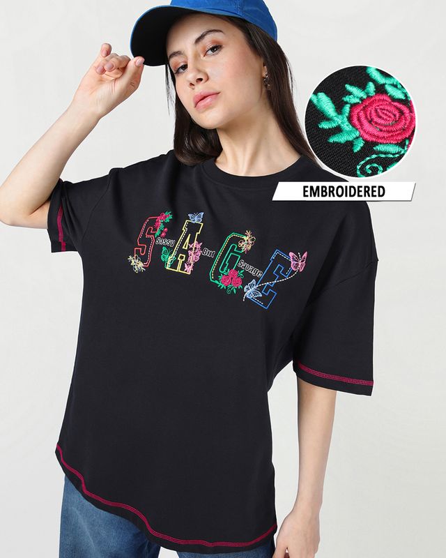 Women's Black Embroidered Oversized T-shirt