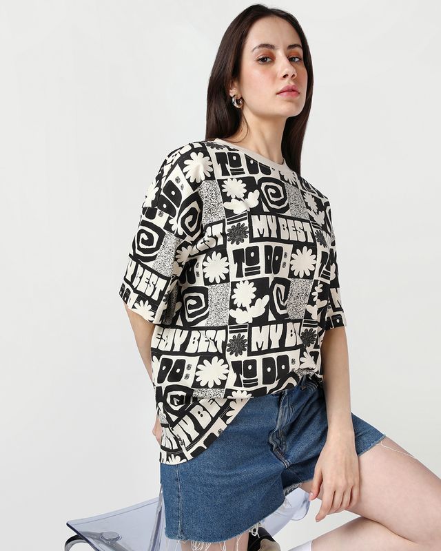Women's Beige & Black All Over Printed Oversized T-shirt