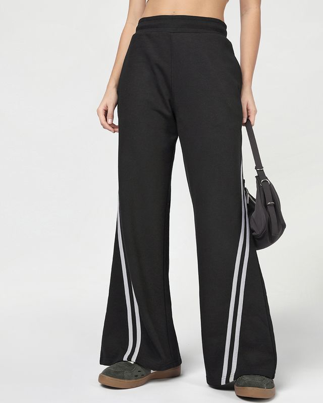 Women's Jet Black Side Panel Wide Leg Track Pants