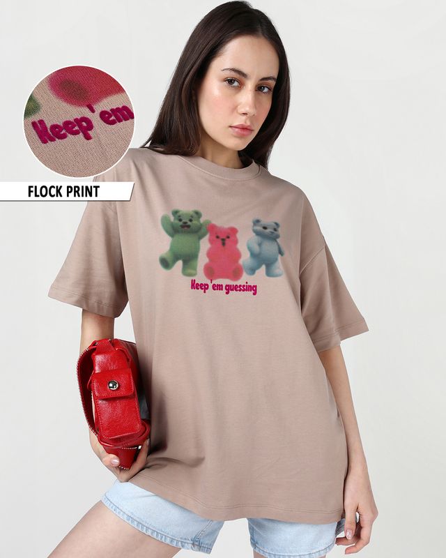 Women's Warm Taupe Brown Keep Guessing Graphic Printed Oversized T-shirt