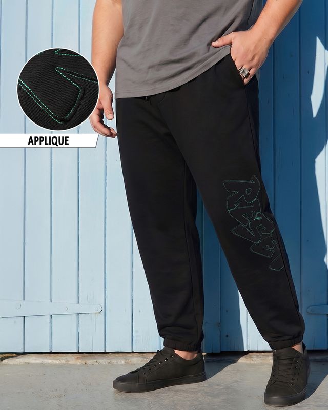 Men's Black Applique Oversized Plus Size Joggers