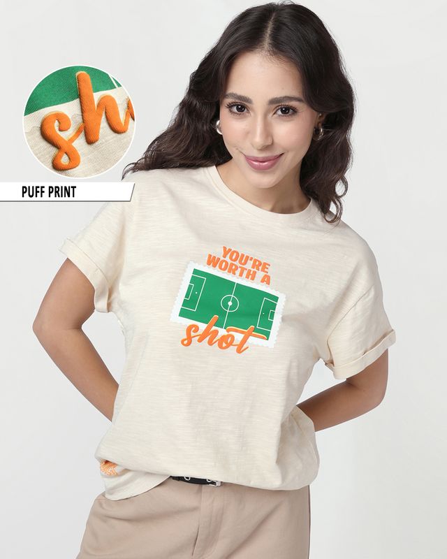 Women's Beige Goals Graphic Printed Boyfriend T-shirt