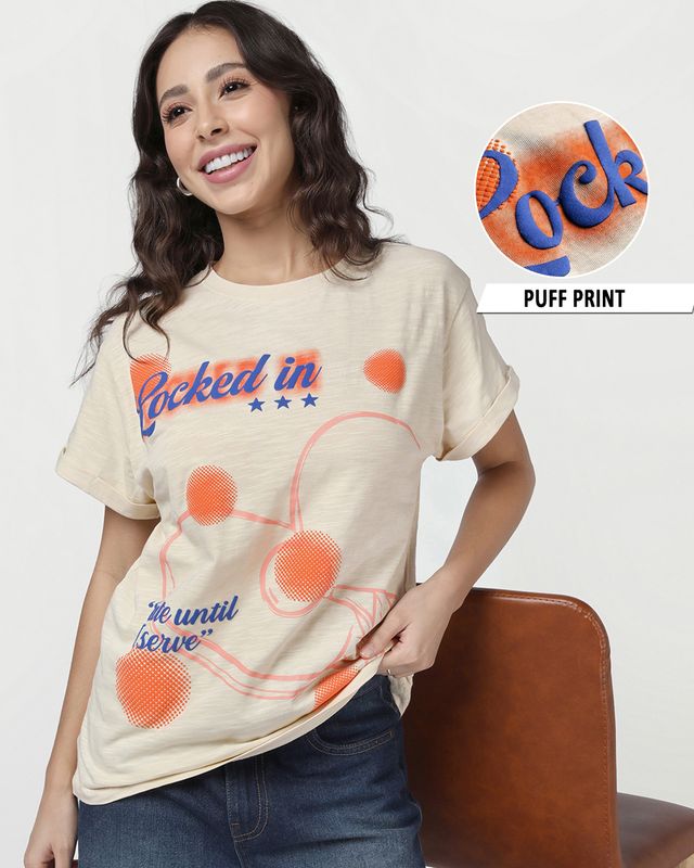 Women's Beige Locked In Graphic Printed Boyfriend T-shirt