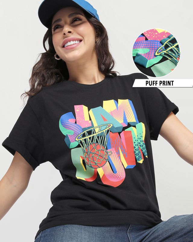 Women's Jet Black Slam Dunk Graphic Printed Boyfriend T-shirt