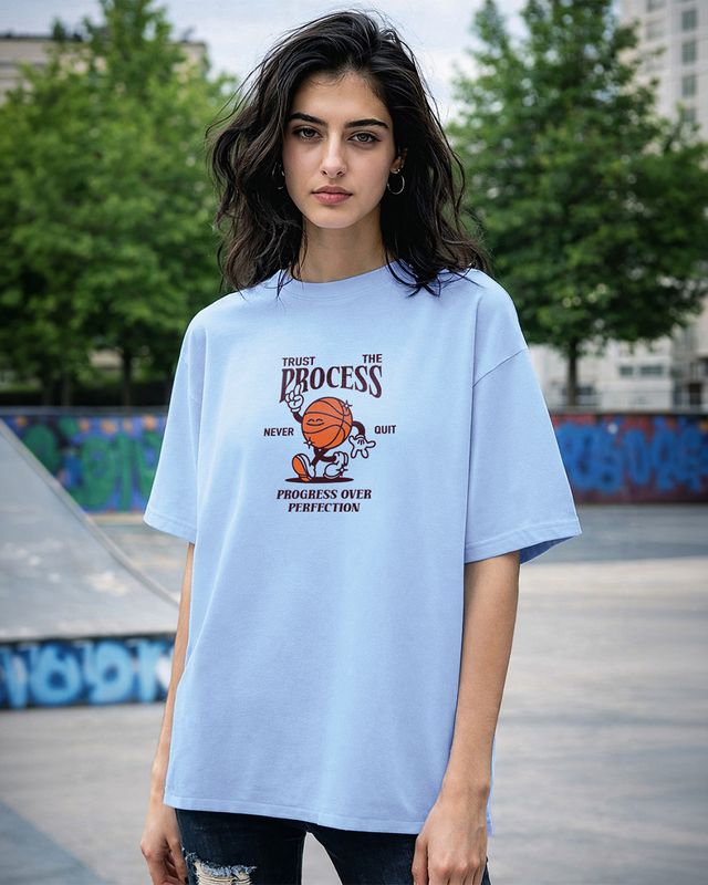 Women's Clear Sky Blue Process Graphic Printed Oversized T-shirt