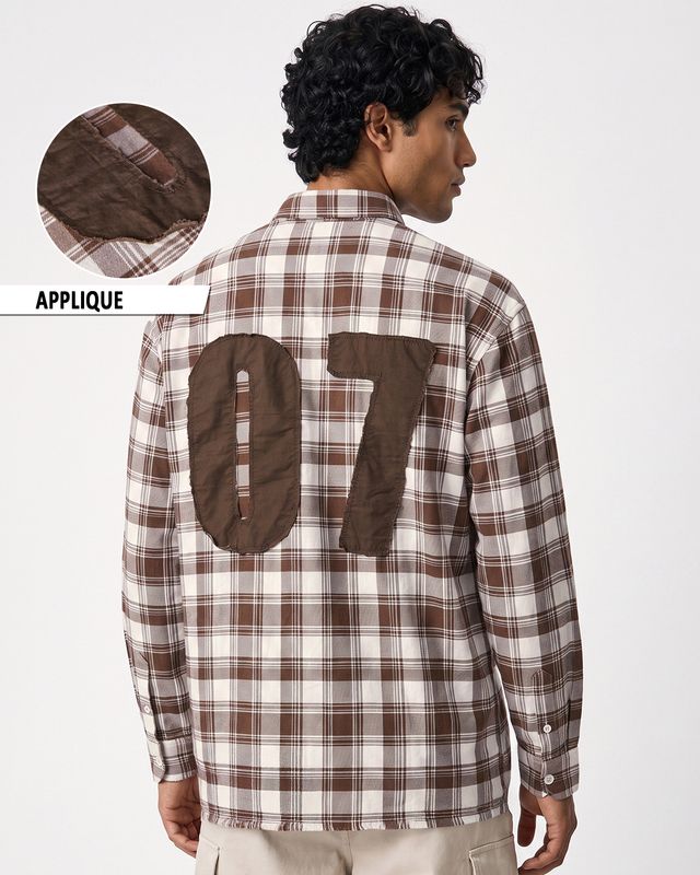 Men's Brown & Off White Checked Applique Relaxed Fit Shirt