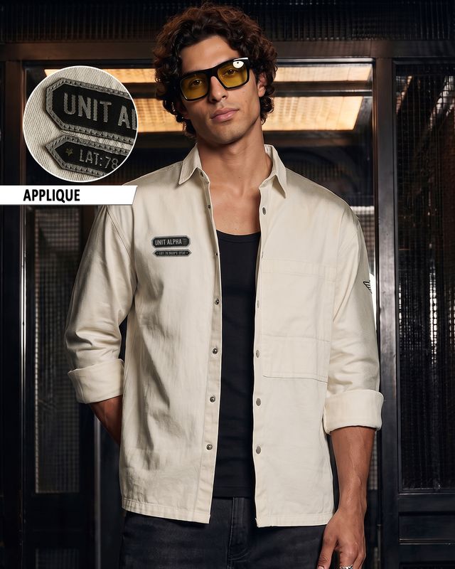 Men's Beige Applique Spray-Effect Printed Relaxed Fit Shacket
