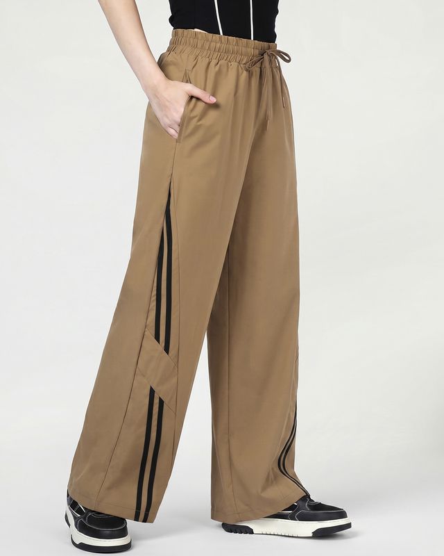 Women's Coca Mocha Brown Side Panel Wide Leg Track Pants