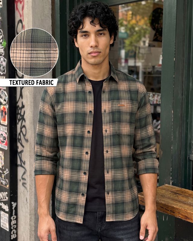 Men's Olive Green & Beige Checked Textured Shirt