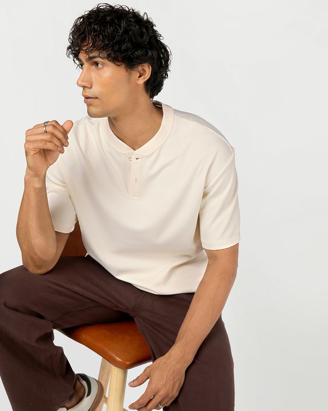 Men's Beige Oversized Henley T-shirt