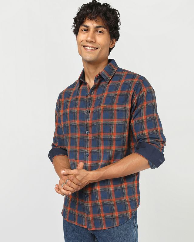 Men's Blue & Rust Orange Checked Shirt