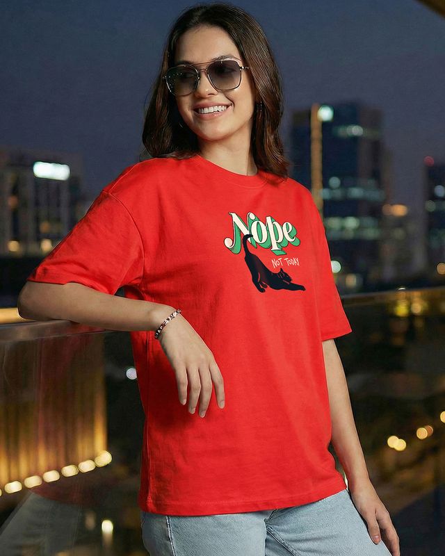 Women's Fiesta Red Not Today Graphic Printed Oversized T-shirt